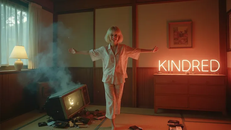 A hyper-realistic photograph in a dimly lit vintage Japanese living room with tatami mats, warm lamp light, and wooden furniture. The same young Japanese woman from the TV is now fully outside in reality, her entire body visible. She has fluffy blonde bang...