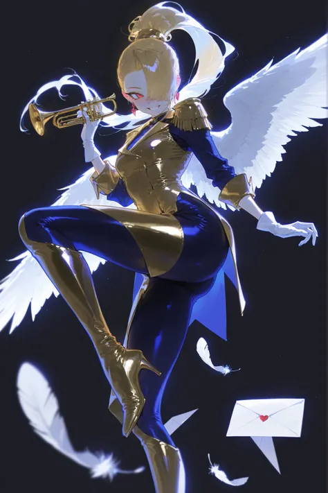 The girl is a magic girl postwoman. She has an athletic build, peach colored skin covered with freckles and blush. She has fluffy blonde longest hair dyed in yellow, pulled back in a high ponytail,she has bangs over one eye. She narrows her sly red eyes an...