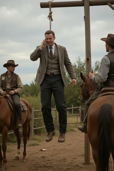 The Old West, 1780, Dirty-faced cowboys on horseback drink whiskey and watch a hanging. The hanging man is suspended several feet in the air with a hangman's noose around his neck that is secured to a makeshift hangman's post. The man is dressed in a mode...