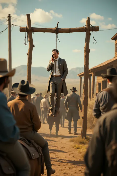 The Old West, 1780,  Dirty-faced cowboys on horseback drink whiskey and watch a hanging. The hanging man is suspended several feet in the air with a hangman's noose around his neck that is secured to a makeshift hangman's post. The man is dressed in a mode...