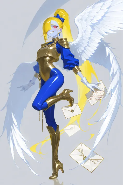 The girl is a magic girl postwoman. She has an athletic build, peach colored skin covered with freckles and blush. She has fluffy blonde longest hair dyed in yellow, pulled back in a high ponytail,she has bangs over one eye. She narrows her sly red eyes an...