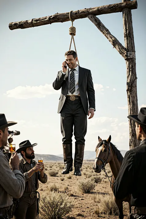 The Old West, 1780,  Dirty-faced cowboys on horseback drink whiskey and watch a hanging. The hanging man is suspended several feet in the air with a hangman's noose around his neck that is secured to a makeshift hangman's post. The man is dressed in a mode...