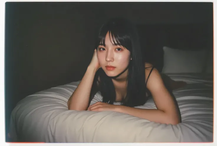   Perfect ,   Perfect fingers, 1 girl, (Polaroid Photo Quality),dark bathroom、Lights out. side view.
((full nude)),  on the bed in the love hotel , A woman with a slender figure is  on all fours,side photo.
she has long, straight black hair.視線は正面.
(photo t...