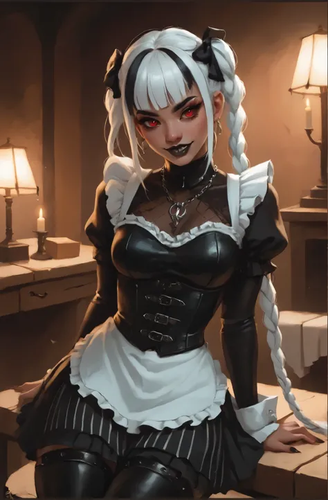 Goth girl. Albino skin. White skin. Sombra from Overwatch with white and dark hair, deep red-coloured eyes, slanted Asian eyes, black eyeliner, with sharp teeth, athletic body and abs. Black lipstick. Full lips with sharp teeth. Slender and athletic. Slim ...