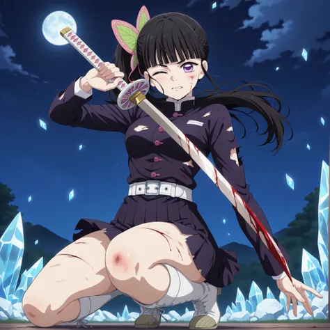 anime coloring,best quality, good quality,1girl,By the pond,night, ice, aakanao, long hair, black hair, side ponytail, hair ornament, blunt bangs, purple eyes, small-medium breasts, black shirt, long sleeves, white belt, pleated microskirt, black microskir...