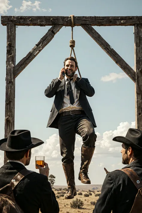 The Old West, 1780,  Dirty-faced cowboys on horseback drink whiskey and watch a hanging. The hanging man is suspended several feet in the air with a hangman's noose around his neck that is secured to a makeshift hangman's post. The man is dressed in a mode...