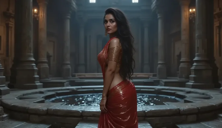 Full hd image of a very beautiful indian young girl wearing light saree and blouse curvy figure big hips who is standing near the old big open well dark scary night full picture 