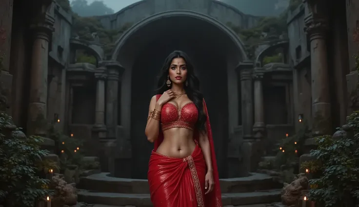 Full hd image of a very beautiful indian young girl wearing light saree and blouse curvy figure big hips who is standing near the old big open well dark scary night full picture 