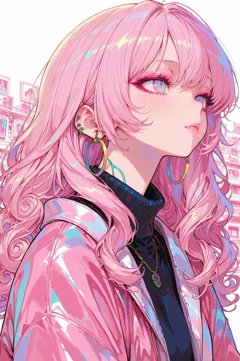 Cyberpunk style, 1 girl, solo, long hair, looking at the audience, blue eyes background, white background, jewelry, shut up, jacket, upper body, pink hair, earrings, pink eyes, necklace, viewed from behind, sweater, lips, eyelashes, makeup, curly hair, pie...