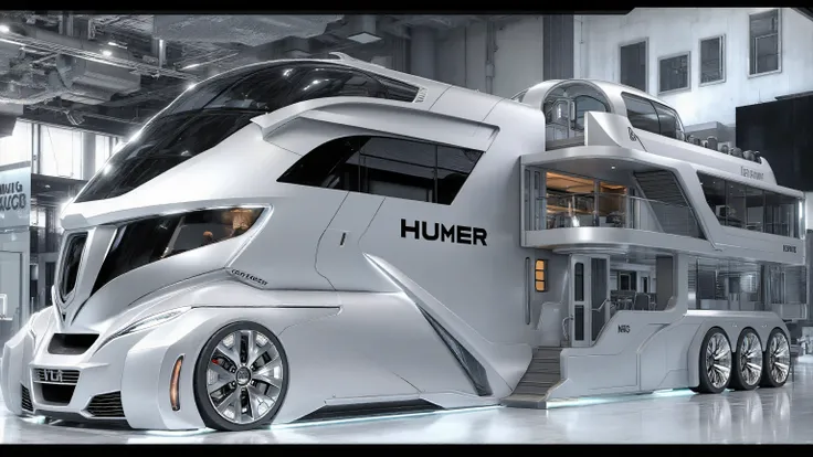 DE_style, A hyper-realistic, futuristic luxury motorhome designed like a massive Hummer vehicle inside a bright, spacious car showroom. The motorhome has an ultra-modern, angular, and aerodynamic exterior design with sharp edges and glossy metallic silver-...