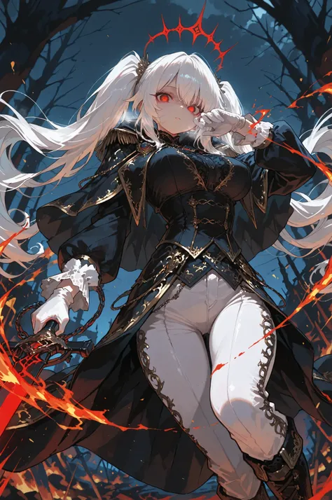 One girl, Egiosar, with very long eyelashes, qgm, shiny eyes, red eyes, white hair, very long hair, double ponytails, medium-sized breasts, cold, cool, indifferent, royal attire, male fantasy clothing, fantasy fashion, intricate clothes, fine accessories E...