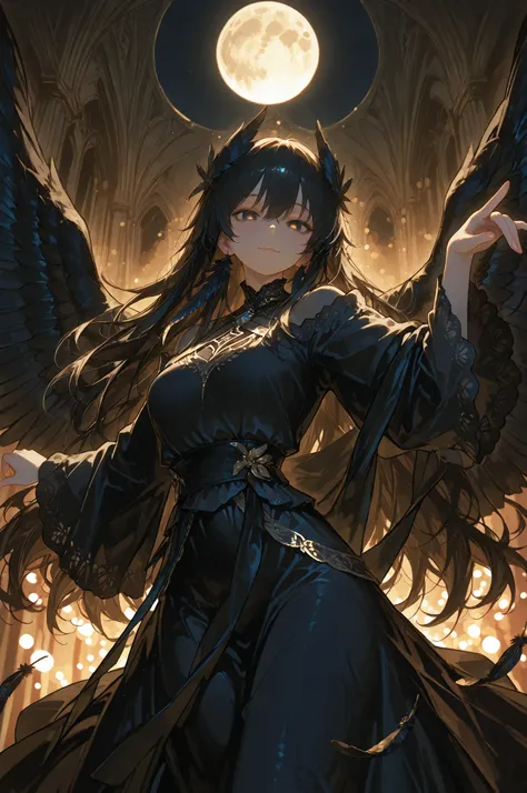 (Black-dyed wings fall before a lady), exploring the secrets of wings, a dark world illuminated by a full moon, a beautiful woman surrounded by sacred light, a solitary existence attracted by forbidden power, exquisite feather details, the dejected express...