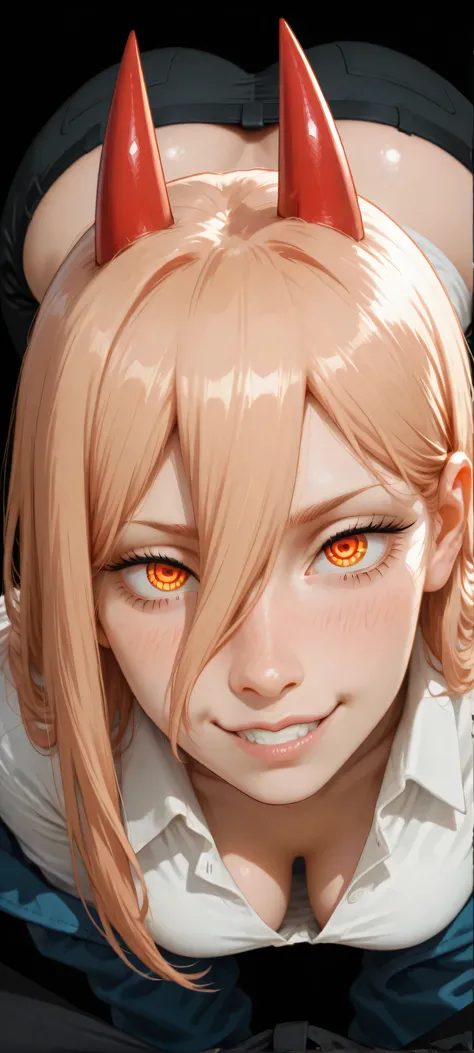 overhead shot: power (chainsaw man), she looks sexy, giant butt, sensual woman, wearing a white shirt with an open collar, wearing a blue jacket, wearing black trousers, smiling and shy expression, seductive BREAK Focus face, Looking up, Top down, Leaning ...