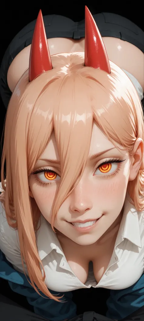 overhead shot: power (chainsaw man), she looks sexy, giant butt, sensual woman, wearing a white shirt with an open collar, wearing a blue jacket, wearing black trousers, smiling and shy expression, seductive BREAK Focus face, Looking up, Top down, Leaning ...