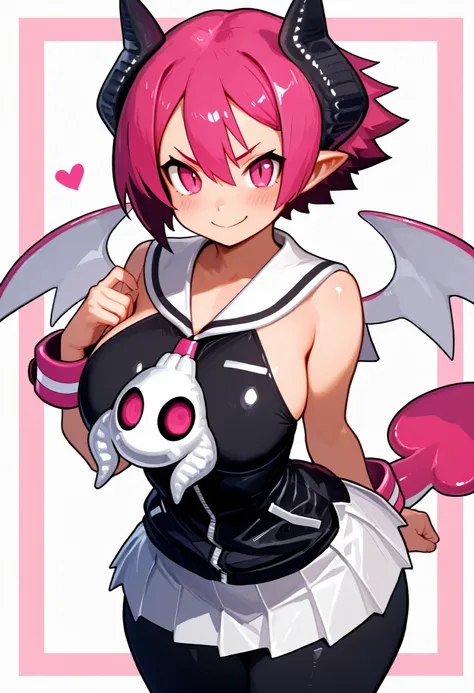 masterpiece, best quality, solo, curvy, beautiful eyes,  zzRaspberyl, pink eyes, pink hair, short hair, demon horns,  wings, tail, pantyhose, skirt, black pantyhose, demon wings, sailor collar, white sailor collar, large breasts, wide hips,   <lora:Raspber...
