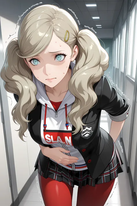 p5ann, takamaki anne, blonde hair, long hair, twintails, swept bangs, hair clip,,p5ann-winuni, blazer, black blazer, school emblem, layered clothes, jacket, open jacket, hood, pantyhose, red pantyhose, miniskirt, plaid skirt, hoodie, hood, hood down, shuuj...