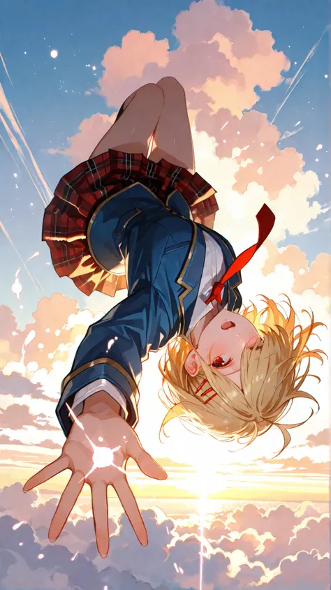 full body, masterpiece, Highest Quality, amazing quality, Girl Falling from the Sky, Turn upside down,Dynamic Falling Poses, slanted back with open mouth, I can see my upper body, Partially Visible Side Faces, Blonde Shorthairが上向きに流れている, hair can be brushe...