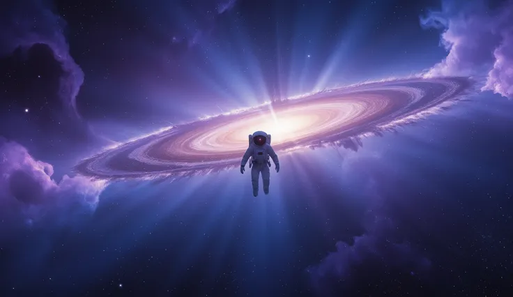 A lone astronaut drifts through a vast and silent cosmic void, surrounded by glowing tendrils of a translucent, violet-blue nebula. Stars twinkle distantly across the background, and a faint spiral galaxy looms on the horizon. The astronaut's suit reflects...