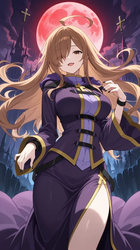 BREAK (masterpiece:1.2),Ancient gothic castle perched on a jagged cliff,
enormous blood-red full moon rising behind it,
clouds swirling around the spires,
dark fantasy atmosphere, dramatic lighting, ultra detailed, no people,wiz, ahoge, brown eyes, lig...