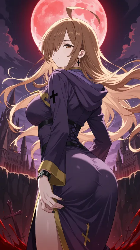 BREAK (masterpiece:1.2),Ancient gothic castle perched on a jagged cliff,
enormous blood-red full moon rising behind it,
clouds swirling around the spires,
dark fantasy atmosphere, dramatic lighting, ultra detailed, no people,wiz, ahoge, brown eyes, lig...