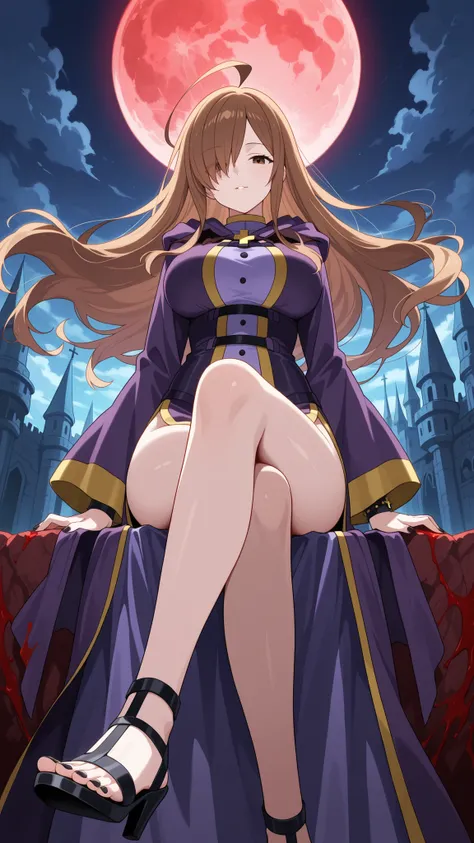 BREAK (masterpiece:1.2),Ancient gothic castle perched on a jagged cliff,
enormous blood-red full moon rising behind it,
clouds swirling around the spires,
dark fantasy atmosphere, dramatic lighting, ultra detailed, no people,wiz, ahoge, brown eyes, lig...