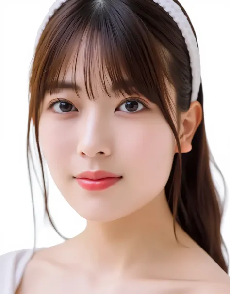1girl, cute face, beautiful face, (perfectly detailed face), face focus,((looking at viewer、highlighting the beauty of her collarbone, snow-white and delicate skin, a sweet and elegant expressionlooking sleepily with soft seductive gaze)), Simple Backgroun...