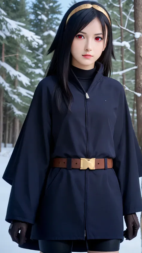 Masterpiece, best quality, 8k, ultra high resolution, photorealistic, cinematic composition.1girl, solo,hikari uchiha,black hair,(long hair:1.4),outdoors,potrait,small breast,black eyes,snowy,sunrise,red eyes,pine forest,(stand still:1.5),(front view), loo...