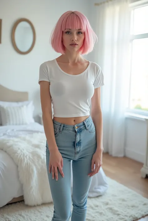 photoreal full body image of a twink, young adult, youthful, caucasian, femboy, androgynous, crossdresser, milky hairless skin, petite slender body, feminine face, winged eyeline, short bob haircut dyed soft pink, wearing cropped t-shirt, wearing skinny je...