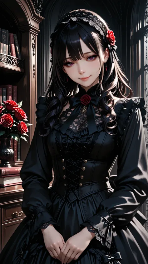 cute girl with swirling hair on the right, black tuxedo , intricate lace and frills , victorian costume , big roses , cute gothic doll , intricate lace and frills , Dark color scheme, Elegant, Detailed Outfits, kind expression,Gentle smile, Dark ...
