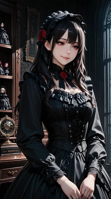 cute girl with swirling hair on the right, black tuxedo , intricate lace and frills , victorian costume , big roses , cute gothic doll , intricate lace and frills , Dark color scheme, Elegant, Detailed Outfits, kind expression,Gentle smile, Dark ...