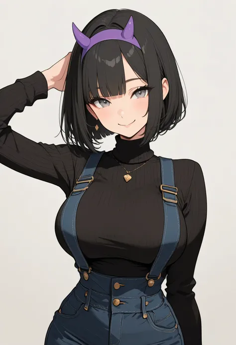 A digital illustration shoot from a below camera angle about a stylized character with a playful pose, wearing a tight black outfit that accentuates her large breasts. the image features a young woman, who appears to be in her early twenties, standing in t...