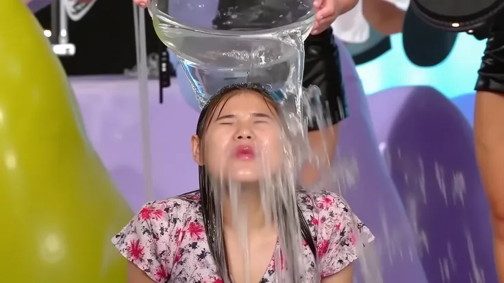 Close-up portrait of a blonde beauty in pure shock as water pours over her face, hair slicked back and dripping, crystalline droplets cascading down, floral puff sleeve dress, professional photography, natural outdoor lighting, vibrant country fair atmosph...