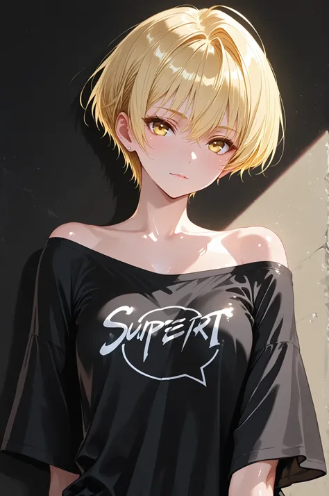Shiny blonde, super short hair, black oversized t-shirt, off-shoulder, upper body shot,