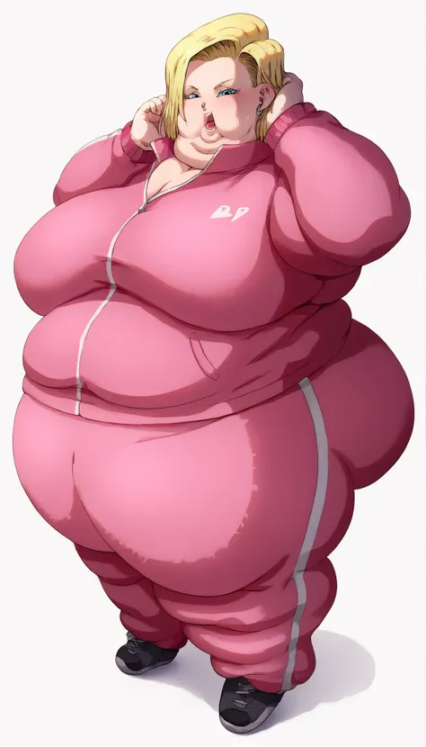 Android18SDXL,1girl,solo,short hair,blue eyes,blonde hair,pants,track jacket,pink track suit,track pants,android 18,, pretty beautiful mature old cute curvy slut bbw female woman sexy, chubby ,big hairy milf big, cute, chubby, Obese, huge arms and legs, B...