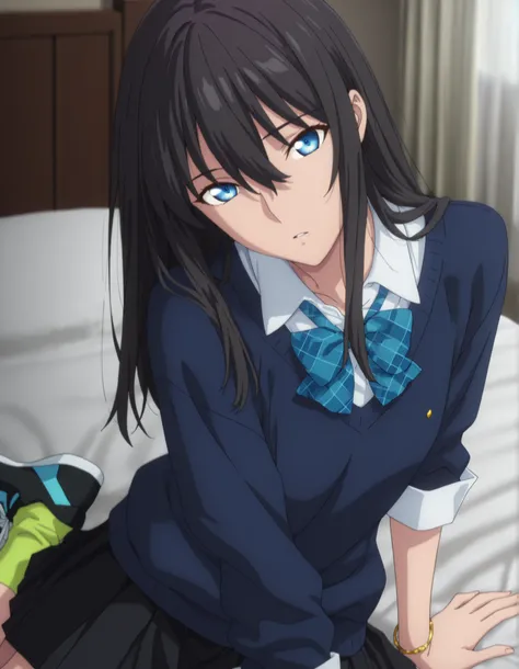 masterpiece, best quality, amazing quality, highres, absurdres, very aesthetic, high resolution, ultra detailed, perfect details, ufotable style, 1girl, solo, indoors, , (detailed background:1.2),from above, (room), , minami kano, long hair, ((black hair))...
