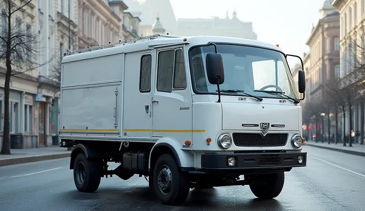 “A high-quality photo of a Russian GAZelle (GAZ) light commercial truck, parked on a city street in Moscow, realistic details, clean white body, slightly shining metal, wide-angle shot, cinematic lighting, ultra-realistic, 8k resolution.”