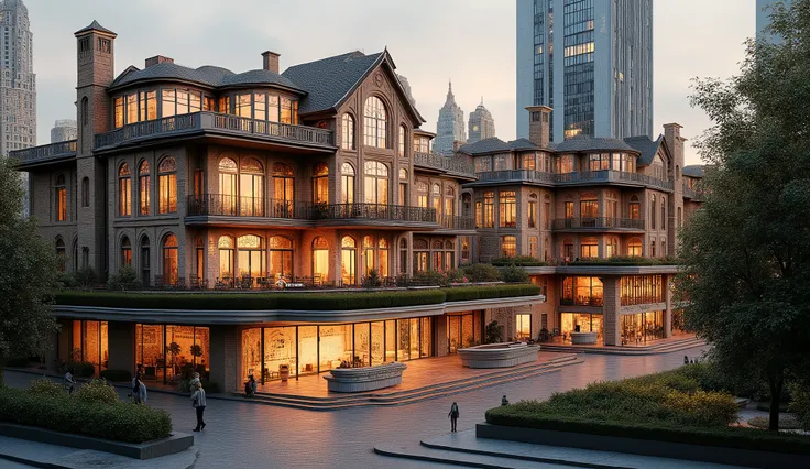 a row of opulent mansions, beautiful gardens, detailed architecture, ornate facades, manicured hedges, lush flower beds, stone fountains, cobblestone pathways, impeccably landscaped, golden gates, elegant entryways, towering columns, stained glass windows,...