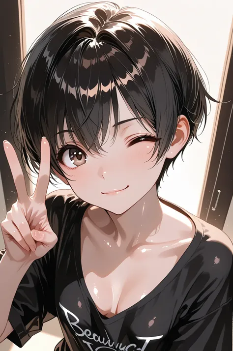 solo, Shiny black hair, very short hair, beautiful and detailed dark brown eyes, wink, black oversized t-shirt, face in focus, small breasts and cleavage slightly visible through shirt, upper body shot, (v), accurate and perfect anatomy,