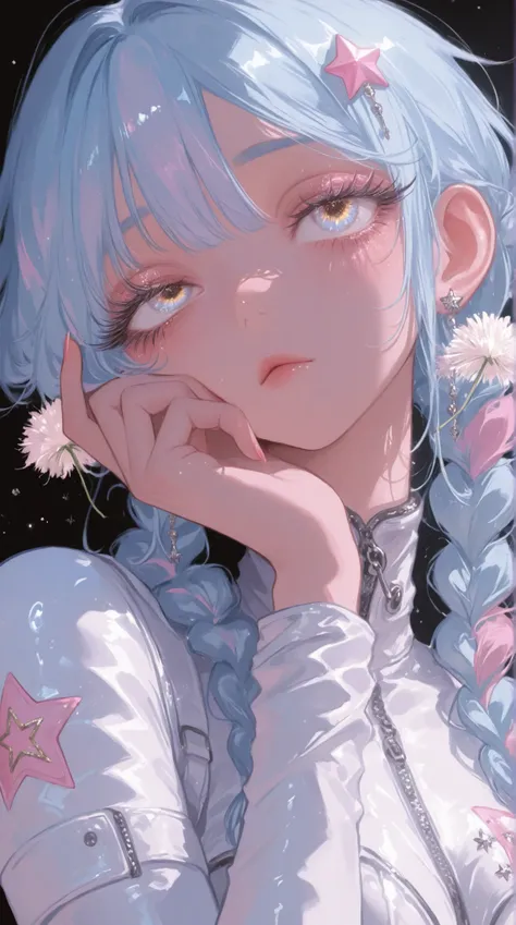 Blue Braid Woman,Big eyes,Long, curled eyelashes,Pink Star Embroidery Under Left Eye,Puffy White Bodysuit,Dandelion Hair Jewelry,Delicate Pink,High Quality,Cheek,nails,Bored Girl ,Ridiculous,Masterpiece, 最High Quality, Multicolored Dandelion Field
