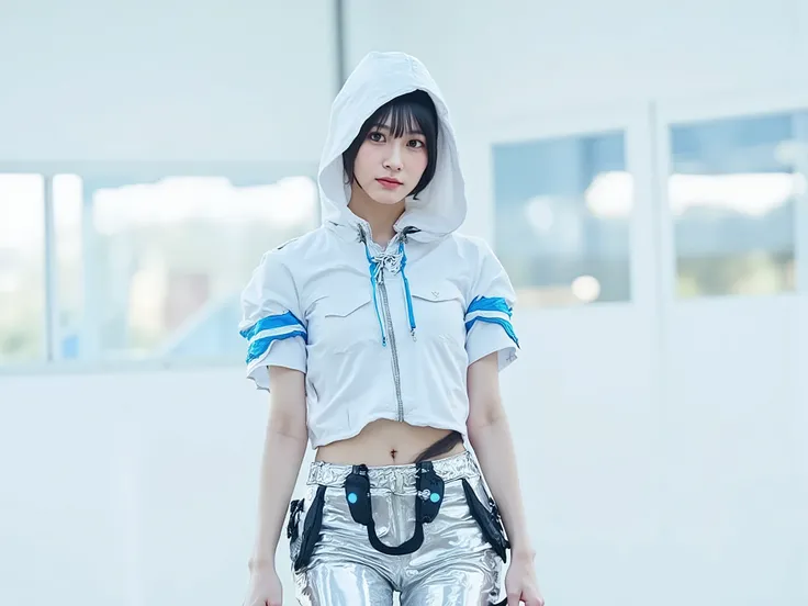 (Highest Quality, 128k,高Resolution,masterpiece:1.2),Super Detailed,(realistic,photorealistic,photo-realistic:1.37), ((masterpiece)) (( Picture )) ((Highest Quality)) stylish full body portrait of a woman, mostly pure white futuristic hooded white color tra...