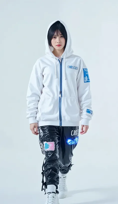 (Highest Quality, 128k,高Resolution,masterpiece:1.2),Super Detailed,(realistic,photorealistic,photo-realistic:1.37), ((masterpiece)) (( Picture )) ((Highest Quality)) stylish full body portrait of a woman, mostly pure white futuristic hooded white color tra...