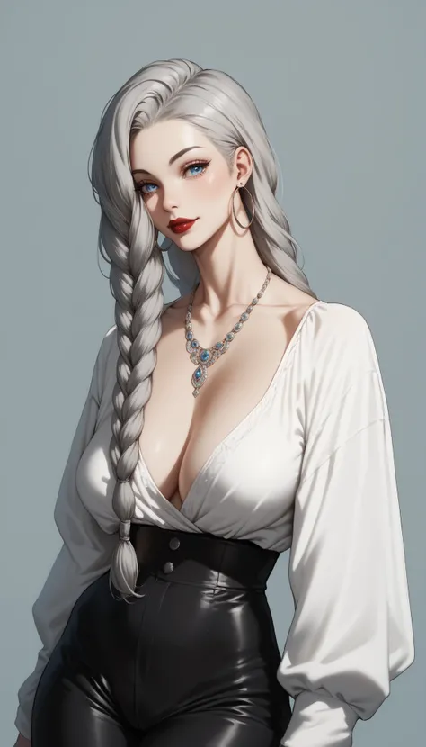 score_9, score_8_up, score_7_up, score_6_up, score_5_up, score_4_up, May May , blue eyes, gray hair braids, BIG BREASTS, necklaces, big oversized hoop earrings ,Red Lipstick , detailed eyes ,pants , saggy chest ,black decorative ancient dress,
