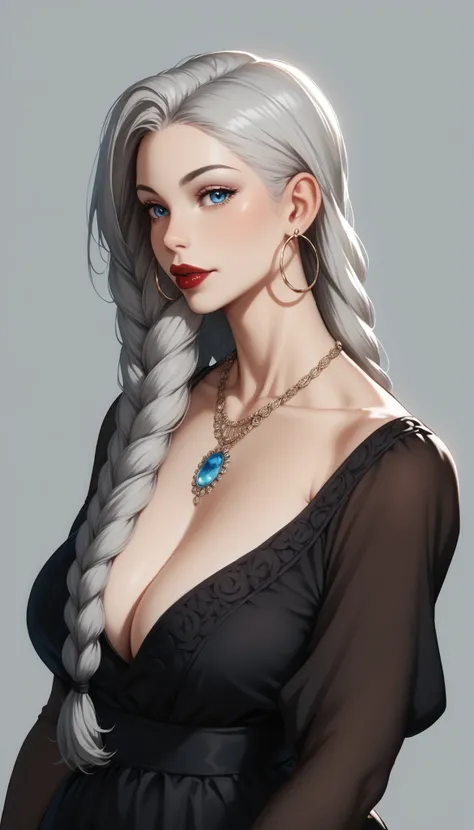 score_9, score_8_up, score_7_up, score_6_up, score_5_up, score_4_up, May May , blue eyes, gray hair braids, BIG BREASTS, necklaces, big oversized hoop earrings ,Red Lipstick , detailed eyes ,pants , saggy chest ,black decorative ancient dress,