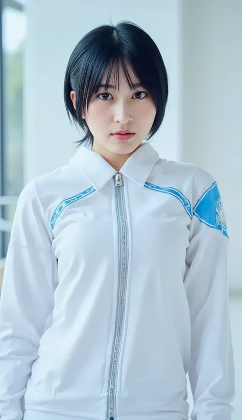 (Highest Quality, 128k,高Resolution,masterpiece:1.2),Super Detailed,(realistic,photorealistic,photo-realistic:1.37), ((masterpiece)) (( Picture )) ((Highest Quality)) stylish full body portrait of a woman, futuristic white and blue tracksuit that is mostly ...