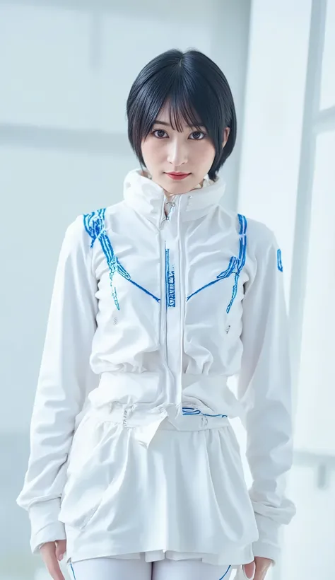 (Highest Quality, 128k,高Resolution,masterpiece:1.2),Super Detailed,(realistic,photorealistic,photo-realistic:1.37), ((masterpiece)) (( Picture )) ((Highest Quality)) stylish full body portrait of a woman, futuristic white and blue tracksuit that is mostly ...