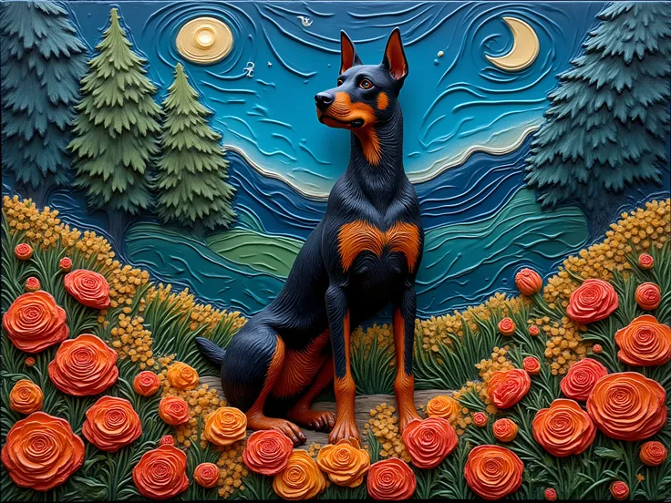 Clay art. A Doberman Dog in a garden filled with flowers on a moonlit night.

clyartCE_style