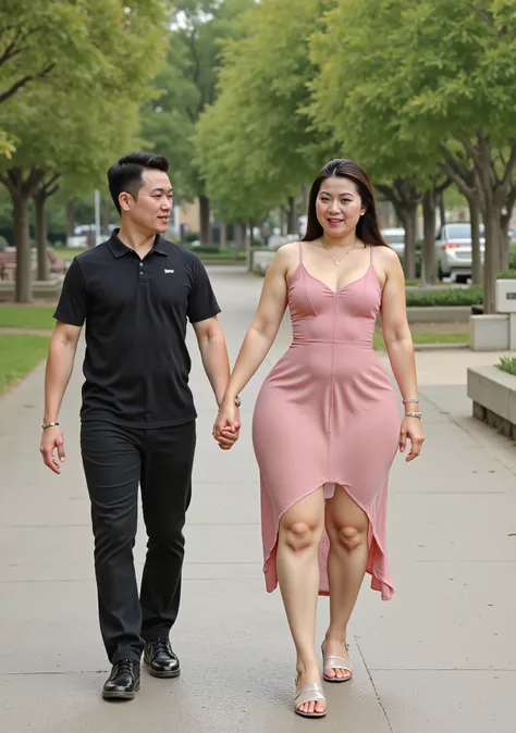 8k,4k,best quality,1guy,1girl,holding hands,walking,public park background,1girl mature,1girl dark brown hair,1girl green eyes,1girl slightly curvy,large breasts,1girl surprised expression