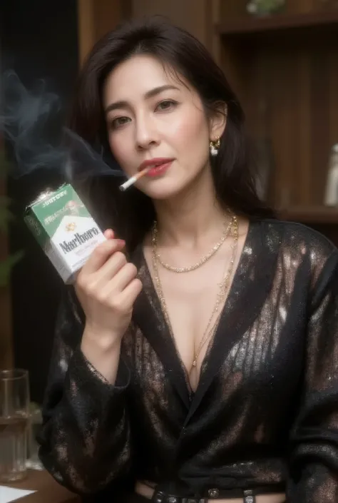 Beautiful mature woman, 45 years old (smoking: 0.8), (holding a cigarette in her mouth), ((((hyper-realistic image of a green and black Marlboro Black Menthol box))), ((holding a Marlboro Menthol box in her hand)), ((carrying a Marlboro Menthol box in her ...