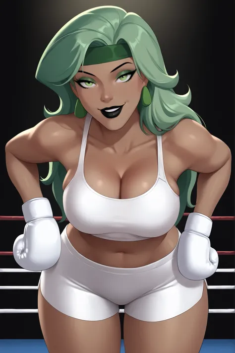 safe_pos, PonyXLV6_Scores BREAK ((parody)), perfect anatomy, cowboy shot) beatriz bonilla da costa, long hair, green hair, green eyes, dark-skinned female, lipstick, black lips, ((looking at viewer)), seducing viewer, teasing viewer, headband, earrings, cl...