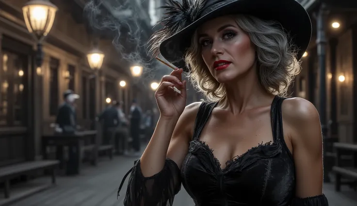 A realistic portrait of Eleonor Grant, a powerful and sensual woman in her early fifties, inside a dimly lit Western saloon. She wears a dark velvet dress with a fitted corset that enhances her figure, the fabric shimmering slightly under the oil lamp ligh...